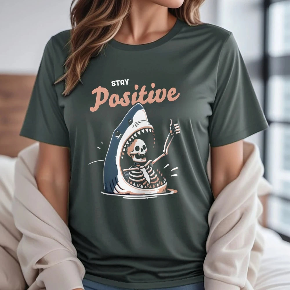 Stay Positive Shark Skeleton Cotton Graphic T-Shirt