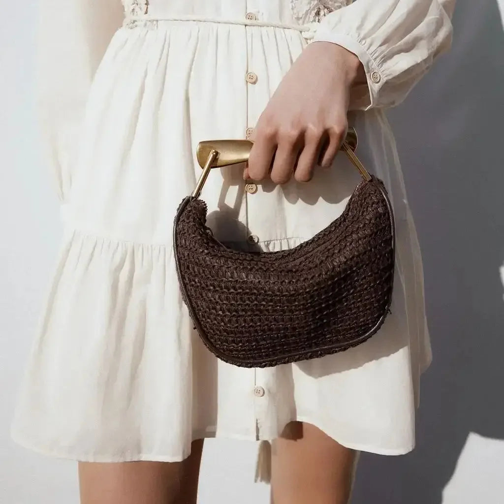 Half-Moon Bucket Woven Straw Handbag