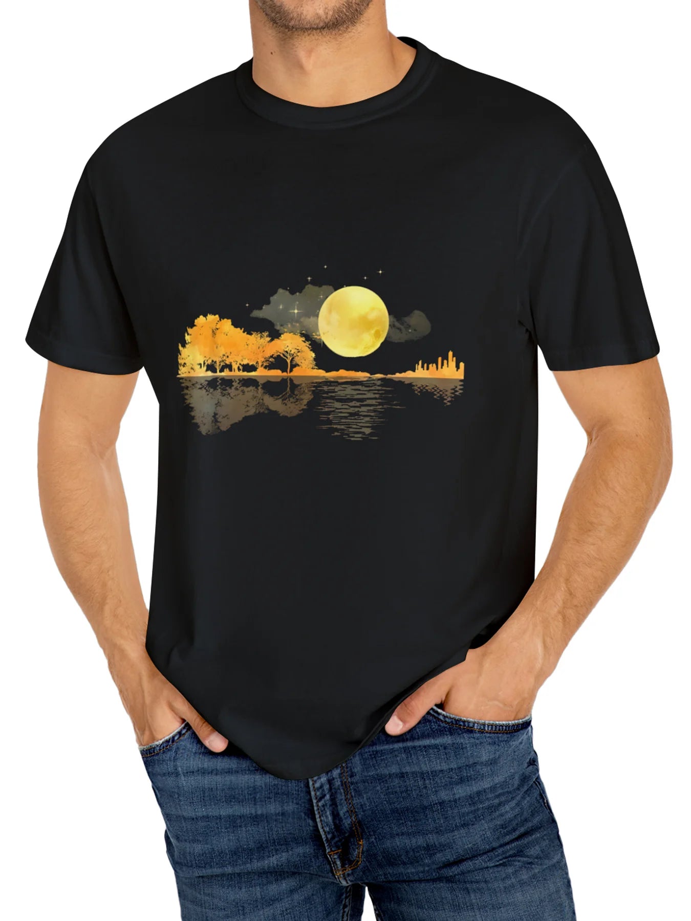 Stretch Round Neck Moon Pattern T-shirt
