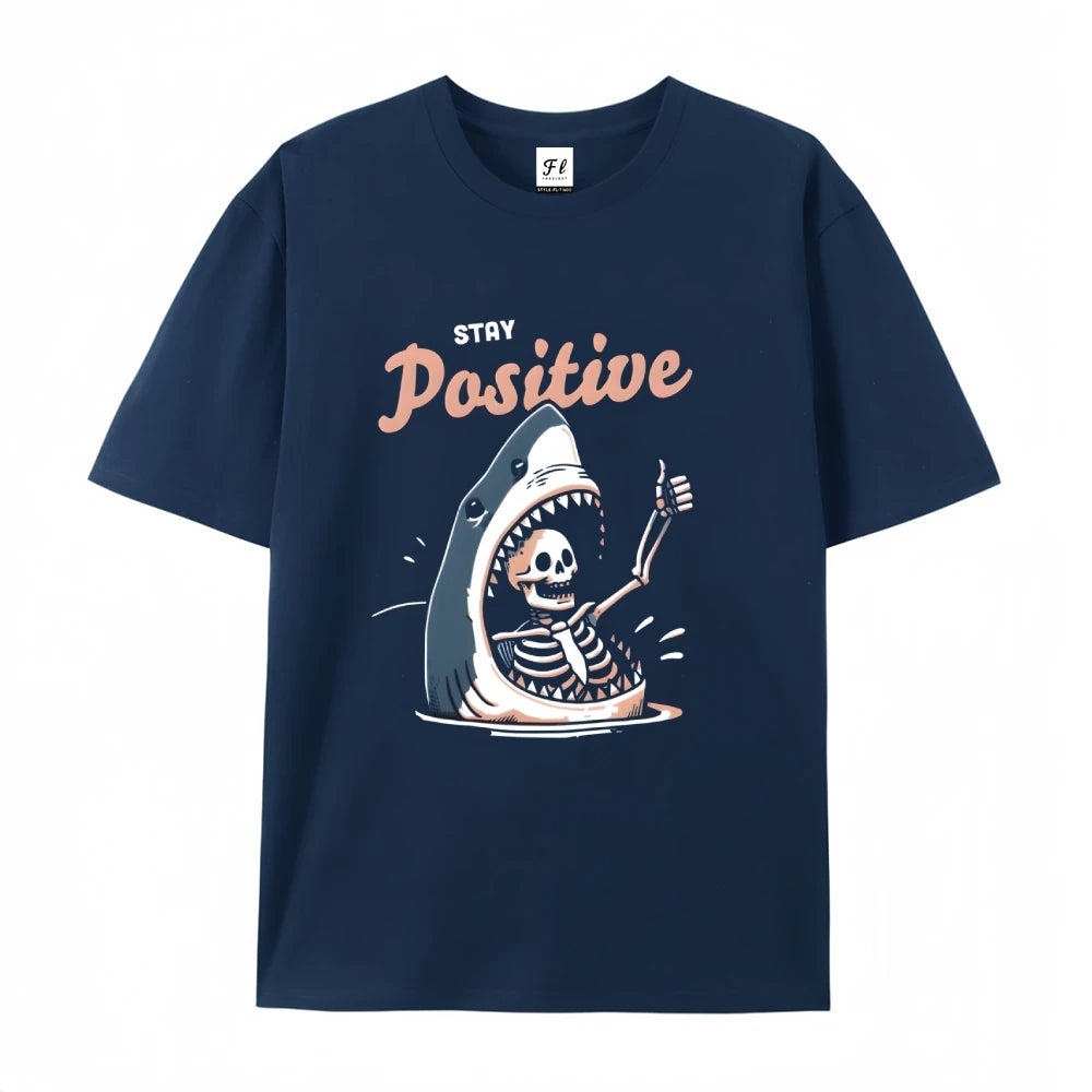 Stay Positive Shark Skeleton Cotton Graphic T-Shirt