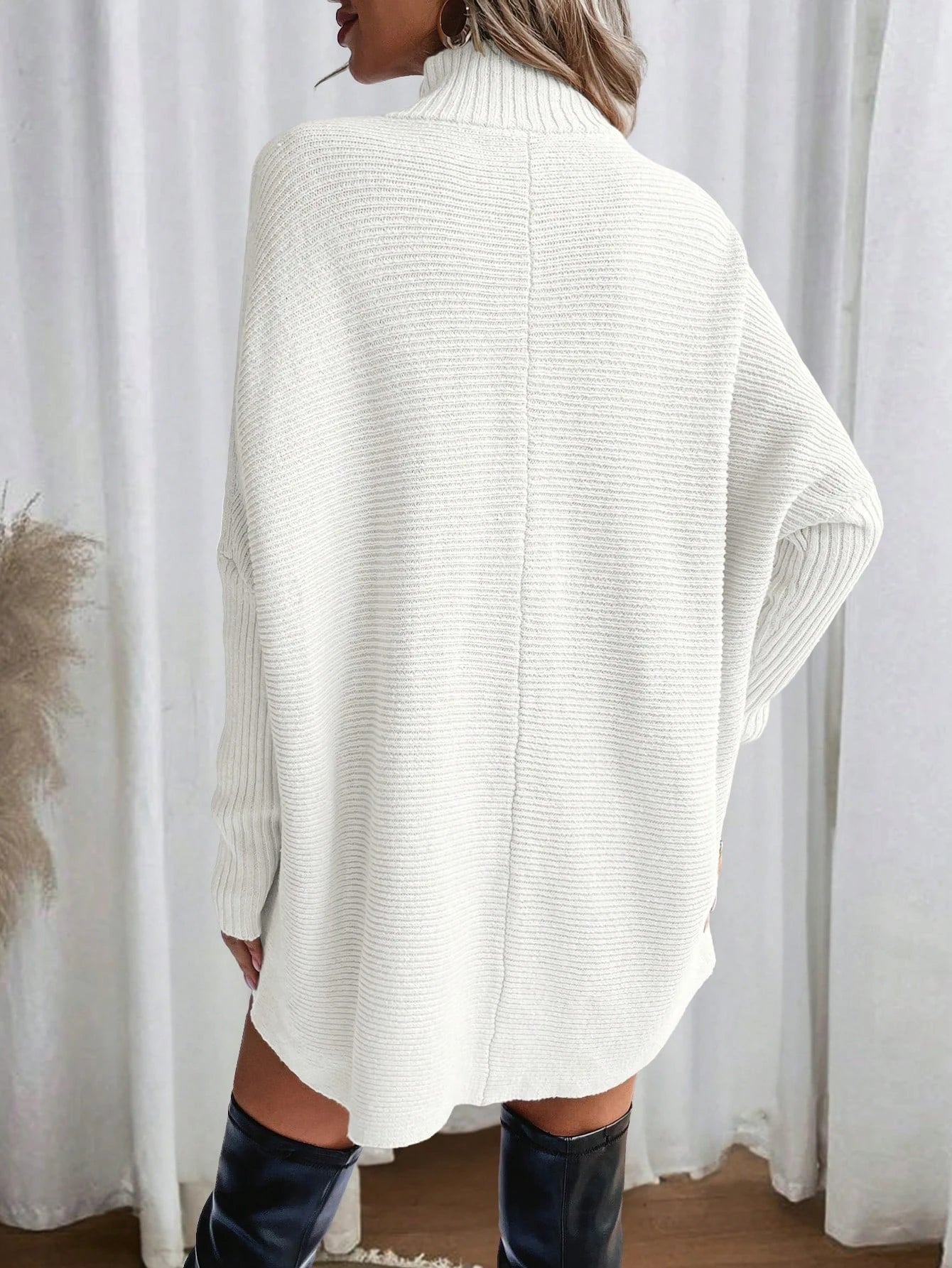Woman Sweater Irregular Hem Turtleneck Pullover Top