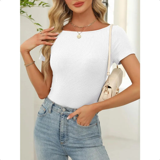 Boat Neck Tops Short Sleeve Ribbed