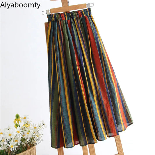 Midi Skirt High Waist Colorful Striped