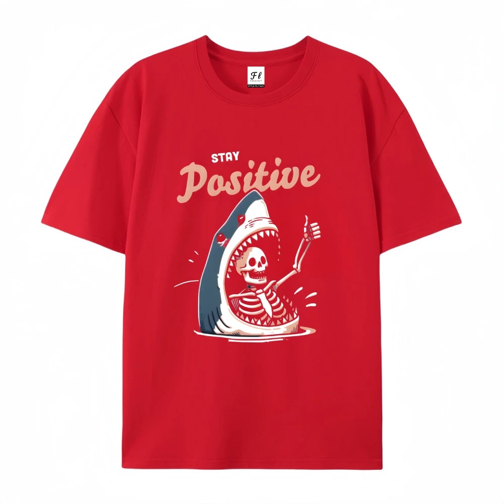 Stay Positive Shark Skeleton Cotton Graphic T-Shirt