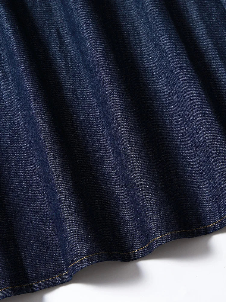 Denim Midi Skirts High Waist A-Line Pleated