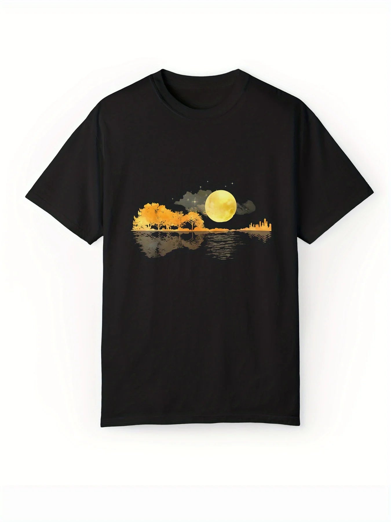 Stretch Round Neck Moon Pattern T-shirt