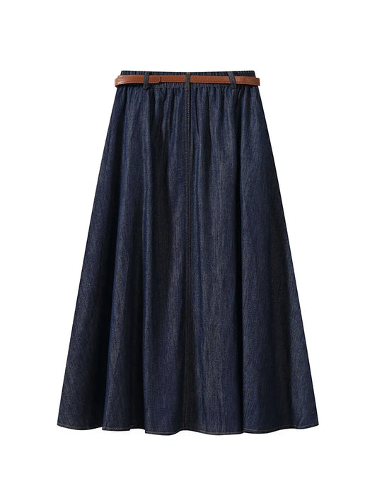 Denim Midi Skirts High Waist A-Line Pleated