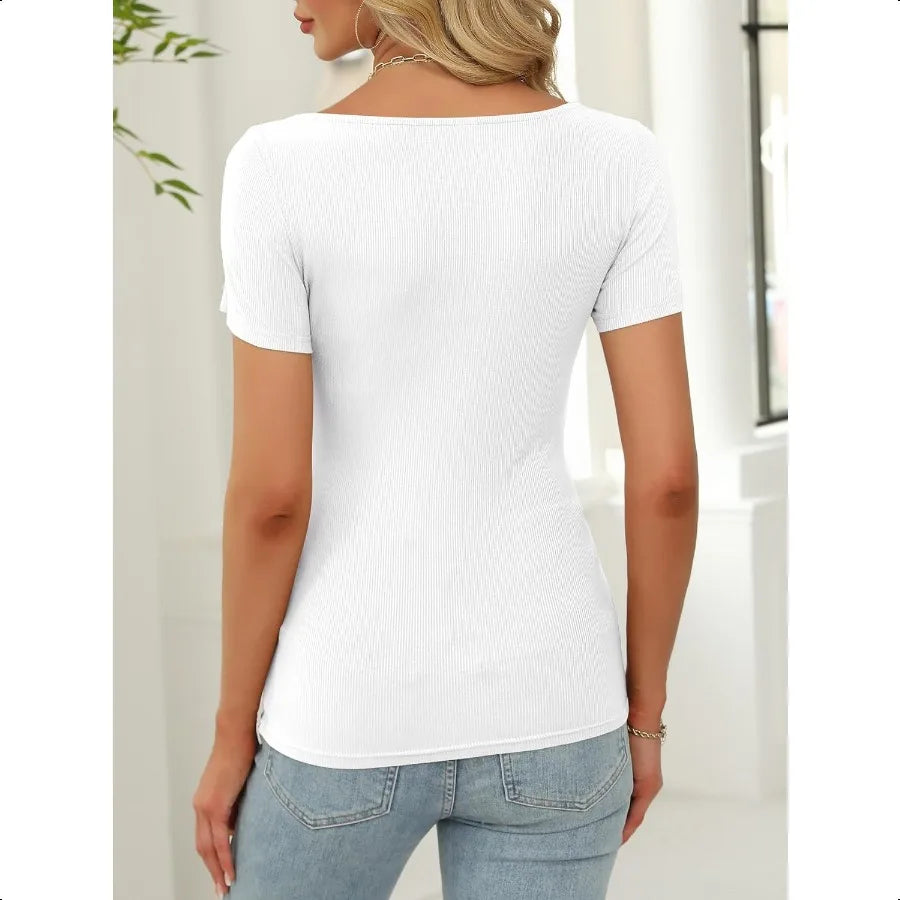 Boat Neck Tops Short Sleeve Ribbed