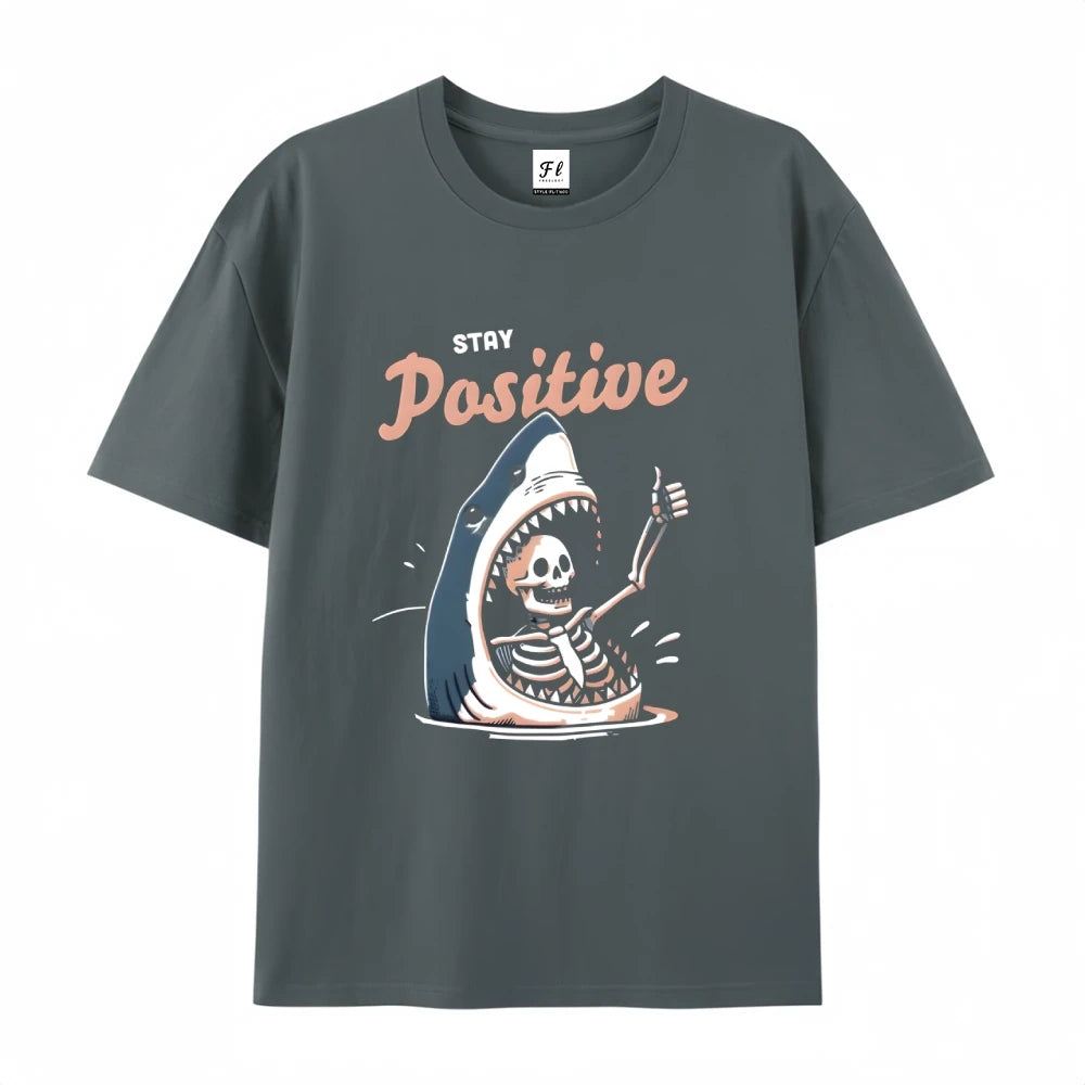 Stay Positive Shark Skeleton Cotton Graphic T-Shirt