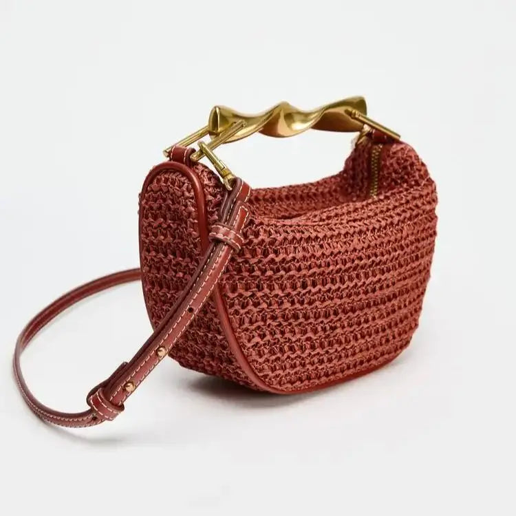 Half-Moon Bucket Woven Straw Handbag