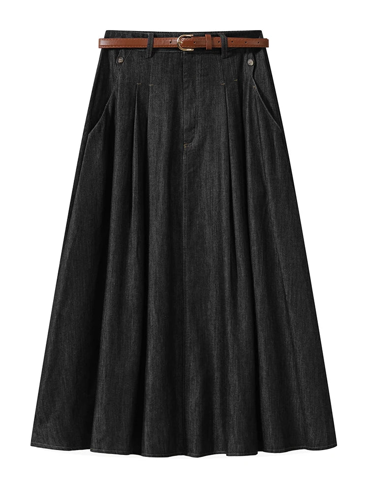 Denim Midi Skirts High Waist A-Line Pleated