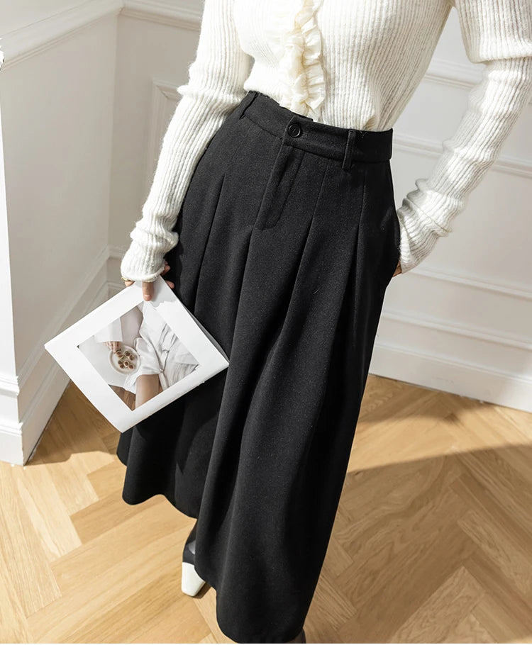 Faux Woolen Midi Skirt A-Line High Waist