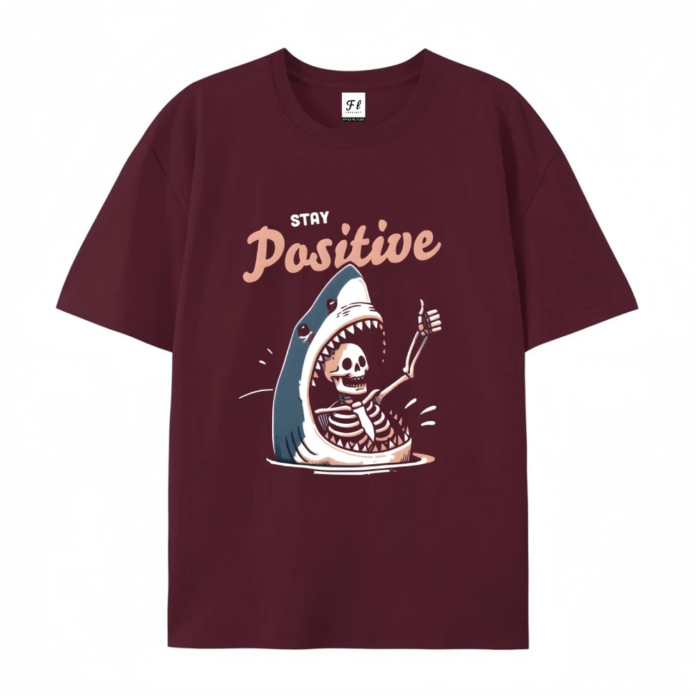 Stay Positive Shark Skeleton Cotton Graphic T-Shirt