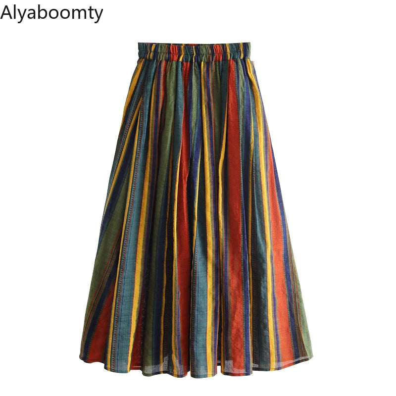 Midi Skirt High Waist Colorful Striped