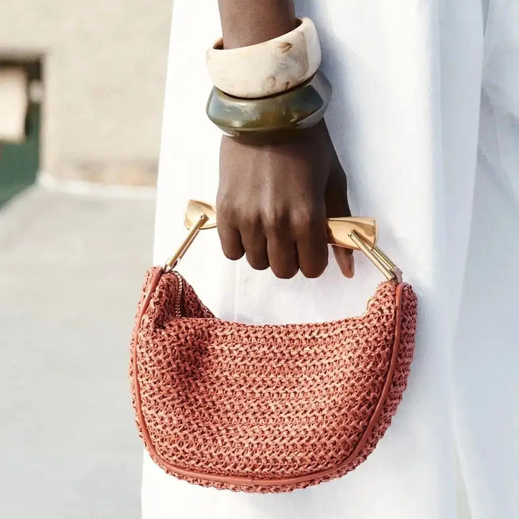 Half-Moon Bucket Woven Straw Handbag