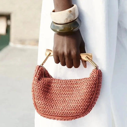 Half-Moon Bucket Woven Straw Handbag