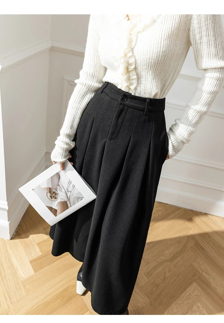 Faux Woolen Midi Skirt A-Line High Waist