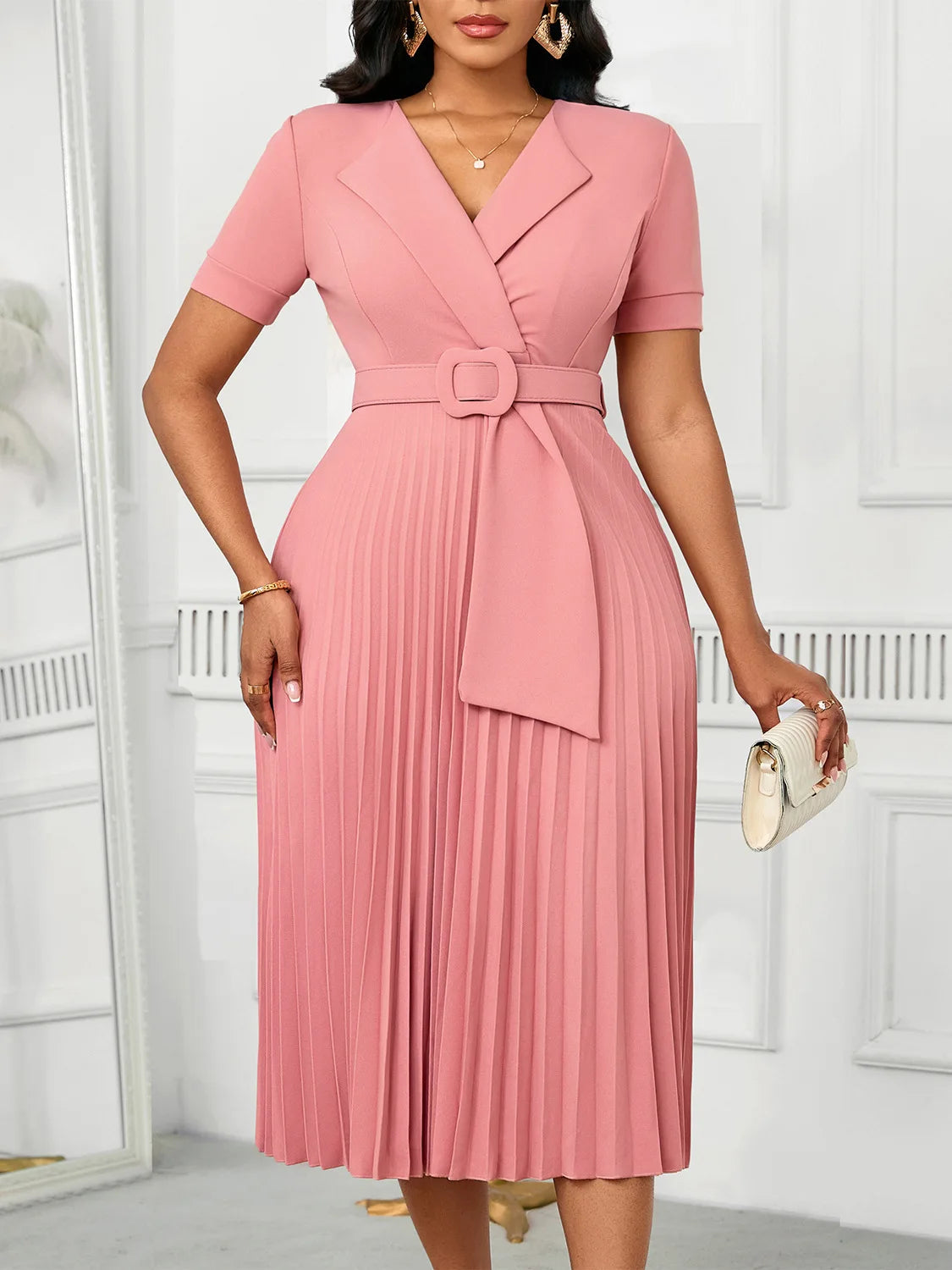 Suit Collar, Pleated Waist, Plus-size Dress