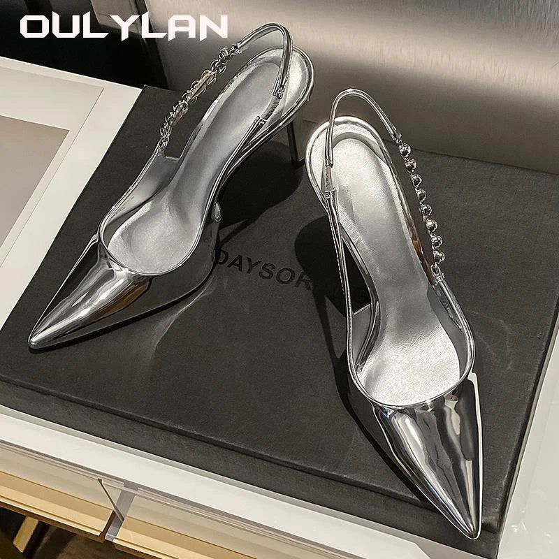 High Heels Slingback Silver Party Dress Shoes
