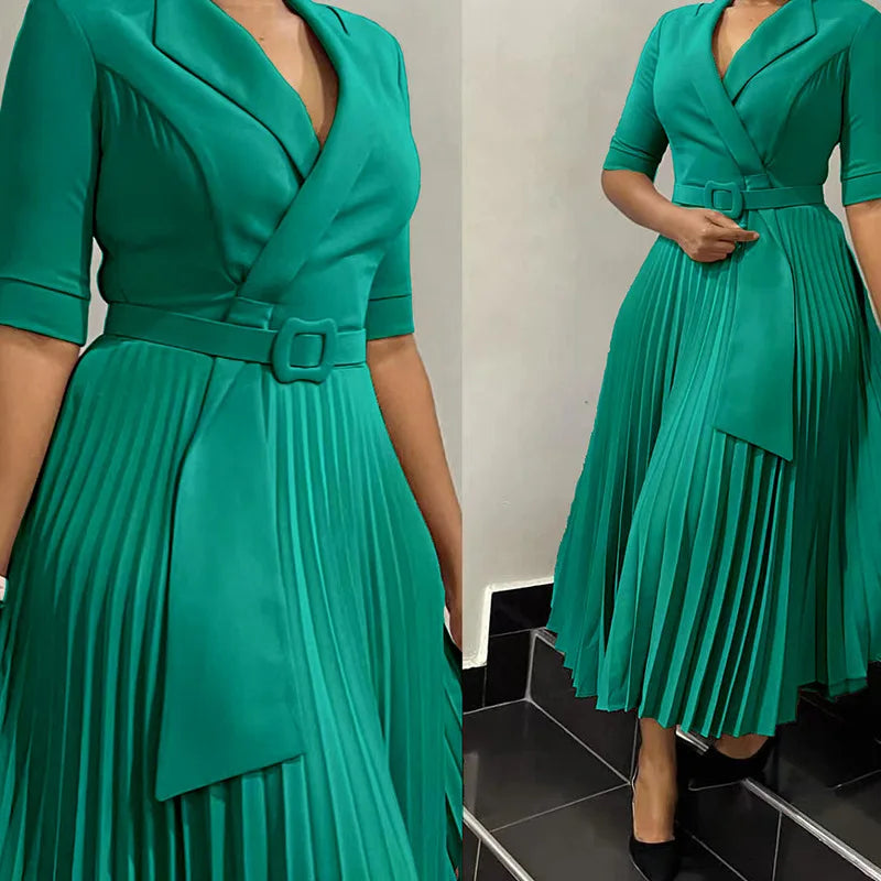 Suit Collar, Pleated Waist, Plus-size Dress