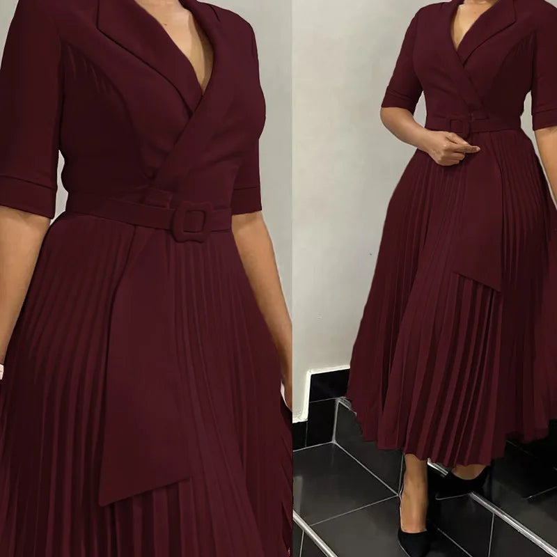 Suit Collar, Pleated Waist, Plus-size Dress