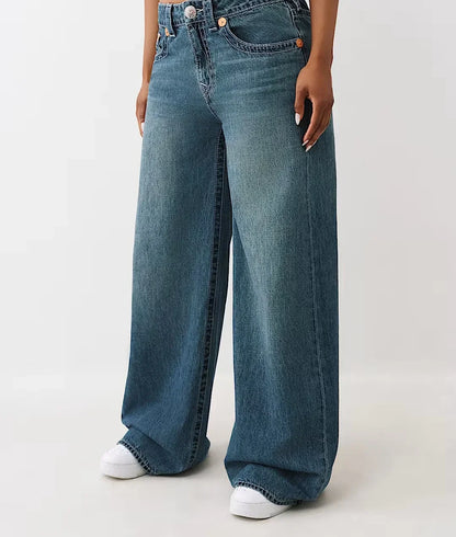 Embroidery Blue Wash Straight Jeans