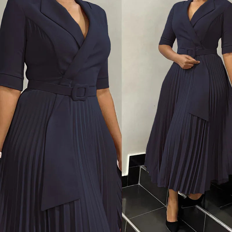 Suit Collar, Pleated Waist, Plus-size Dress