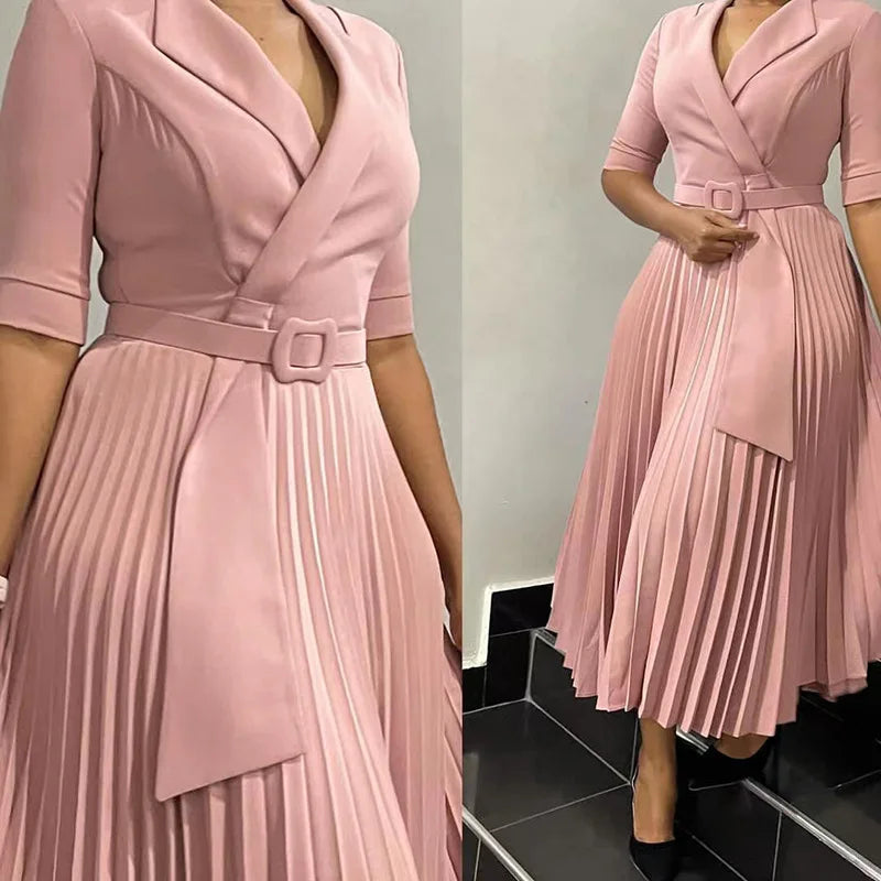 Suit Collar, Pleated Waist, Plus-size Dress