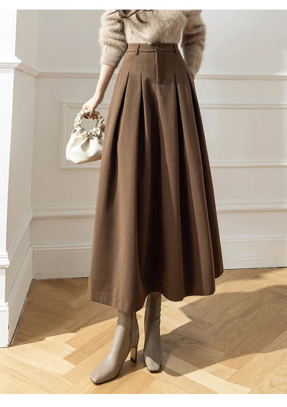 Faux Woolen Midi Skirt A-Line High Waist