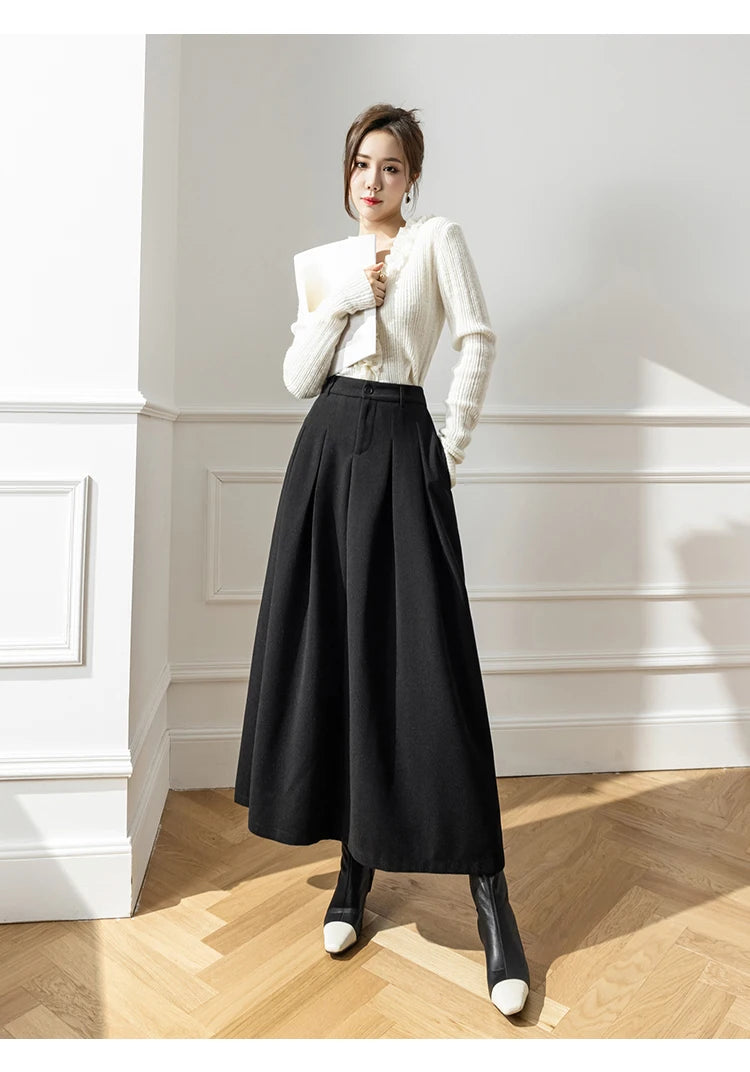 Faux Woolen Midi Skirt A-Line High Waist