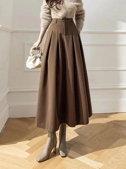 Faux Woolen Midi Skirt A-Line High Waist