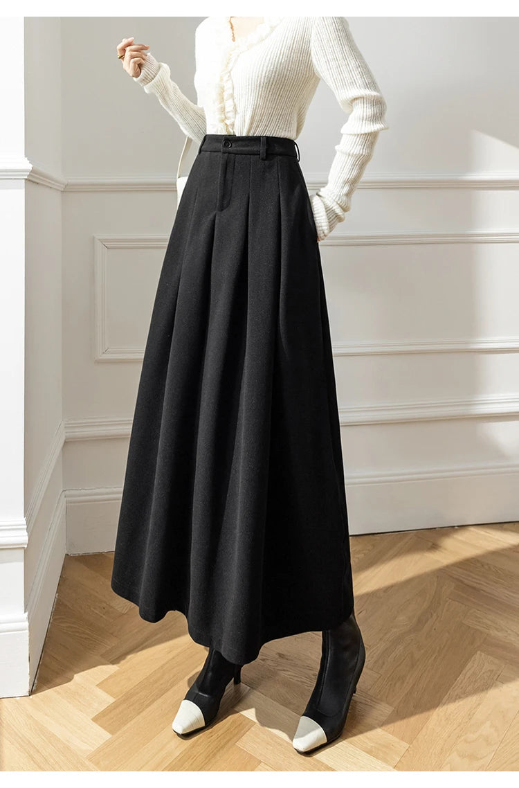 Faux Woolen Midi Skirt A-Line High Waist