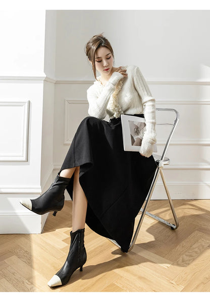 Faux Woolen Midi Skirt A-Line High Waist