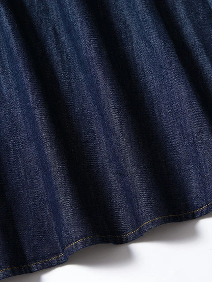 Denim Midi Skirts High Waist A-Line Pleated