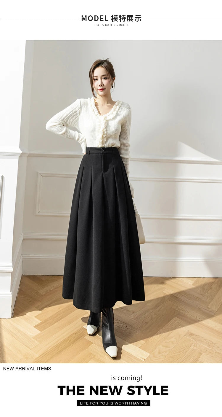 Faux Woolen Midi Skirt A-Line High Waist