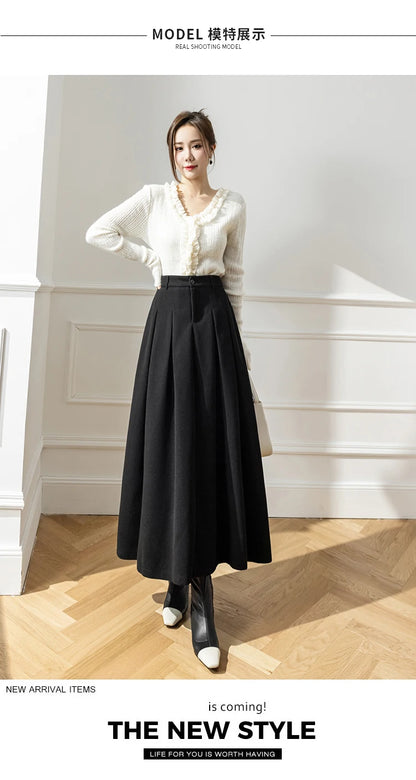 Faux Woolen Midi Skirt A-Line High Waist