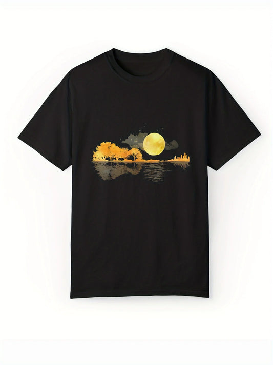 Stretch Round Neck Moon Pattern T-shirt