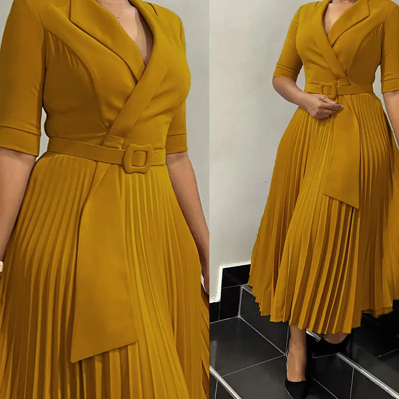 Suit Collar, Pleated Waist, Plus-size Dress