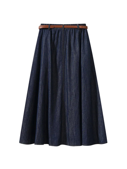 Denim Midi Skirts High Waist A-Line Pleated