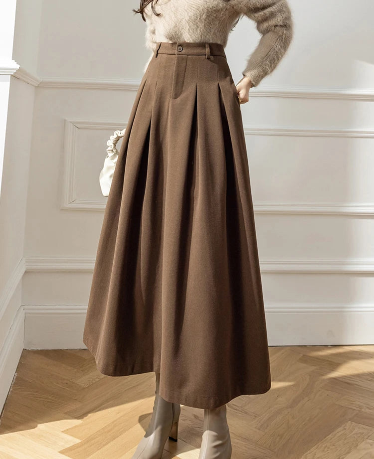 Faux Woolen Midi Skirt A-Line High Waist
