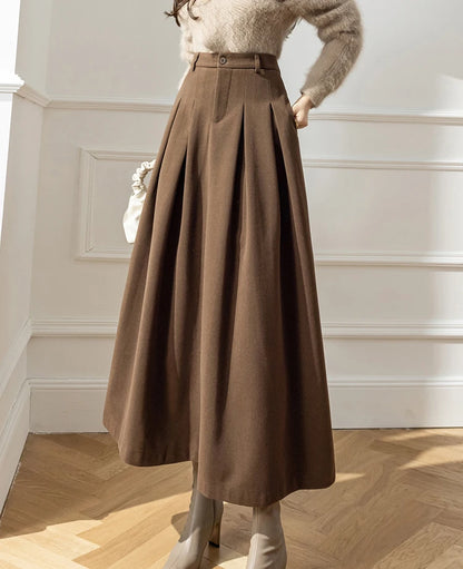 Faux Woolen Midi Skirt A-Line High Waist
