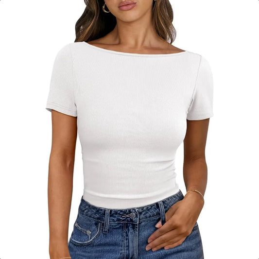 Boat Neck Tops Short Sleeve Ribbed