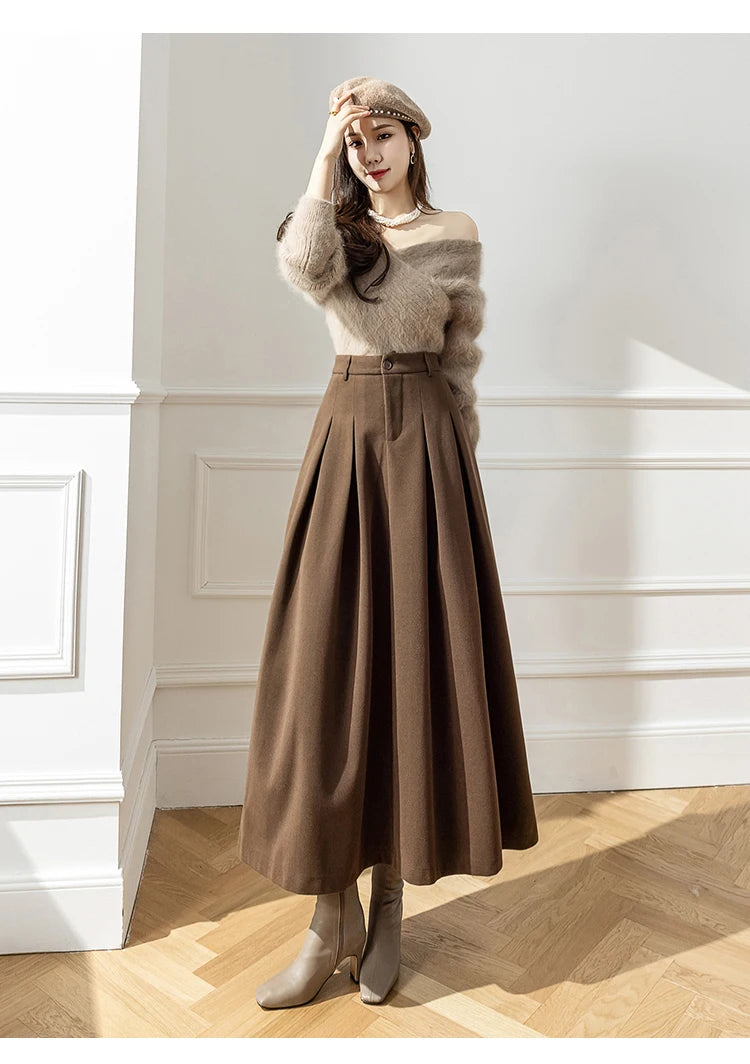 Faux Woolen Midi Skirt A-Line High Waist