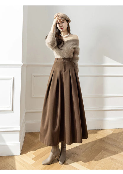 Faux Woolen Midi Skirt A-Line High Waist