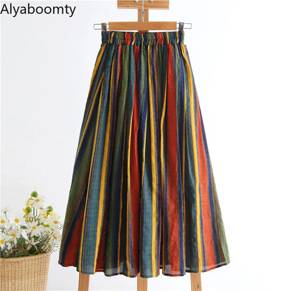 Midi Skirt High Waist Colorful Striped
