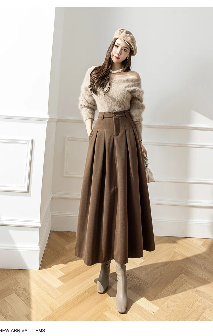 Faux Woolen Midi Skirt A-Line High Waist