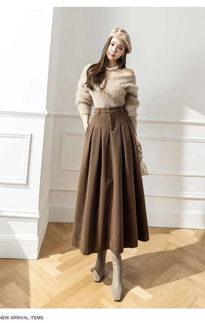 Faux Woolen Midi Skirt A-Line High Waist