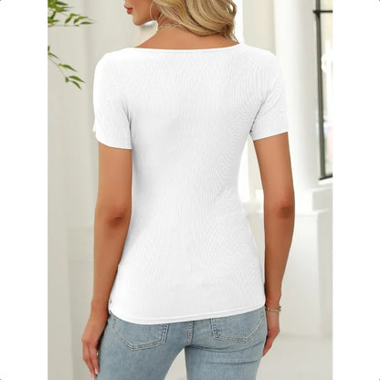 Boat Neck Tops Short Sleeve Ribbed