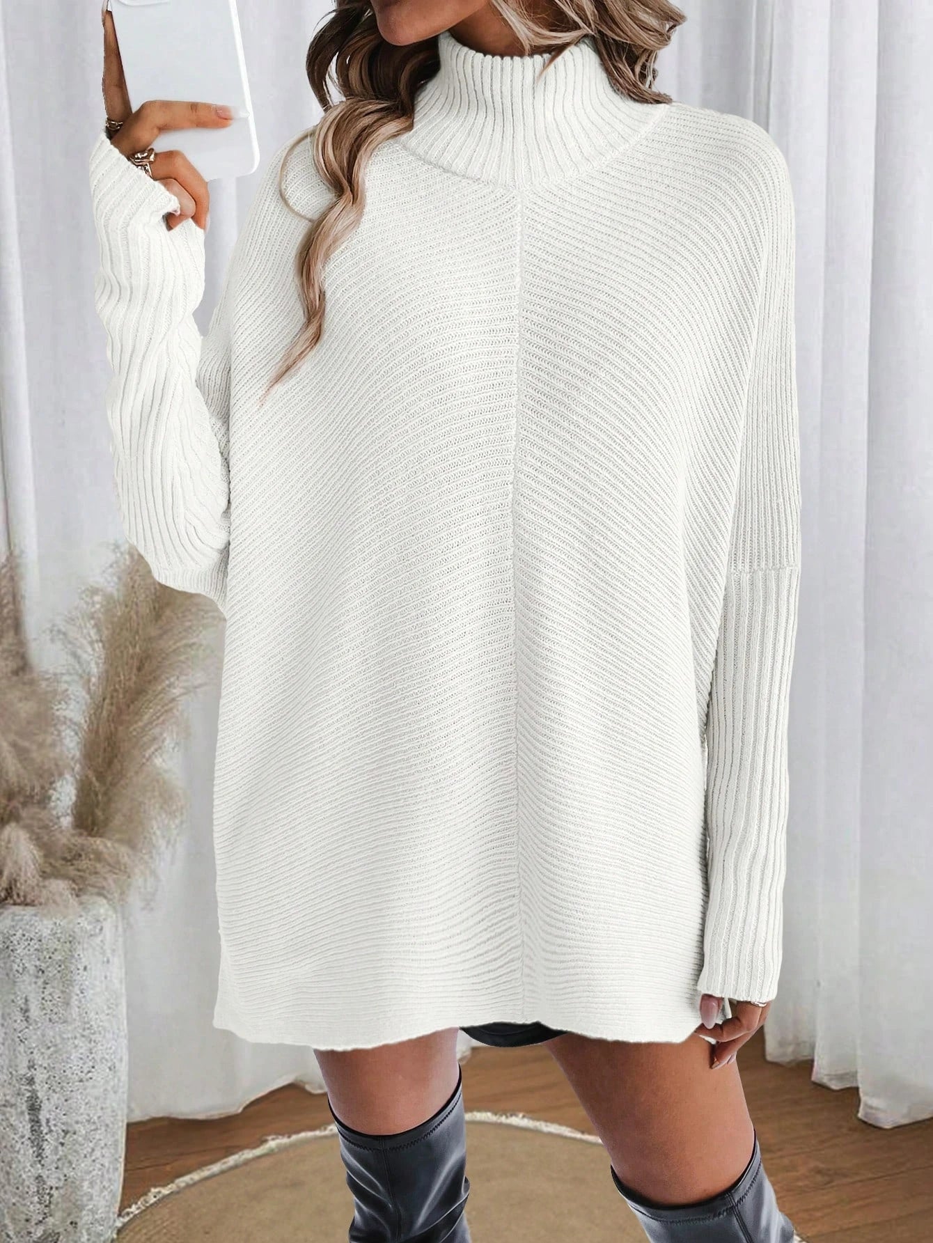 Woman Sweater Irregular Hem Turtleneck Pullover Top