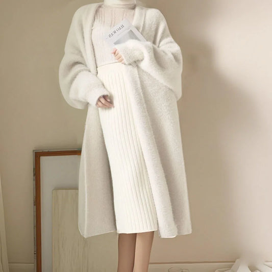 white Long Cashmore Cardigan for winter